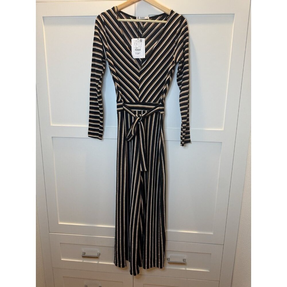 NWT Pull & Bear Black Striped Wide Leg Knit Jumpsuit Sz S Boho Festival - Picture 1 of 8